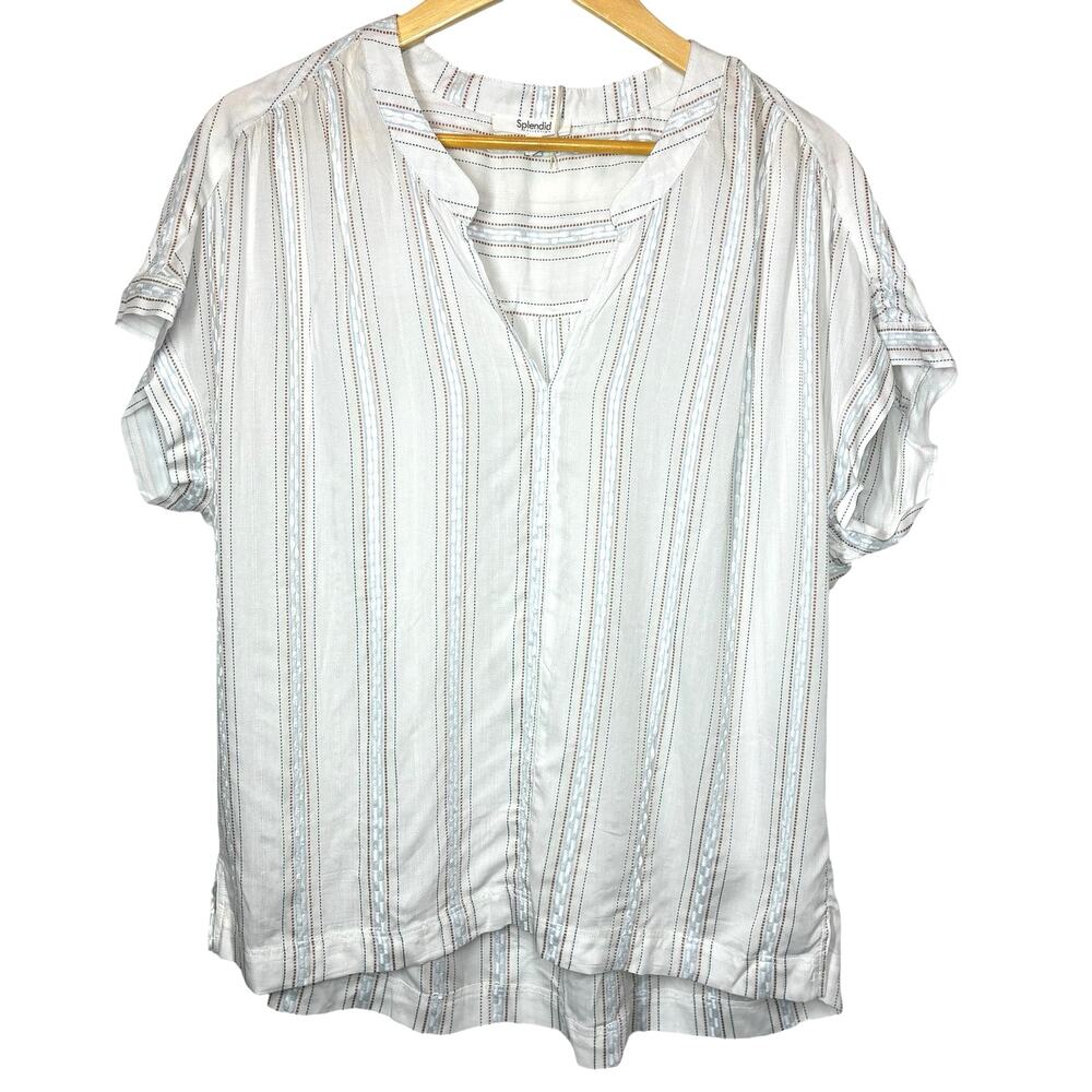 Splendid Striped Top Embroidered Short Sleeve V Neck White Blue Women XL NWT New